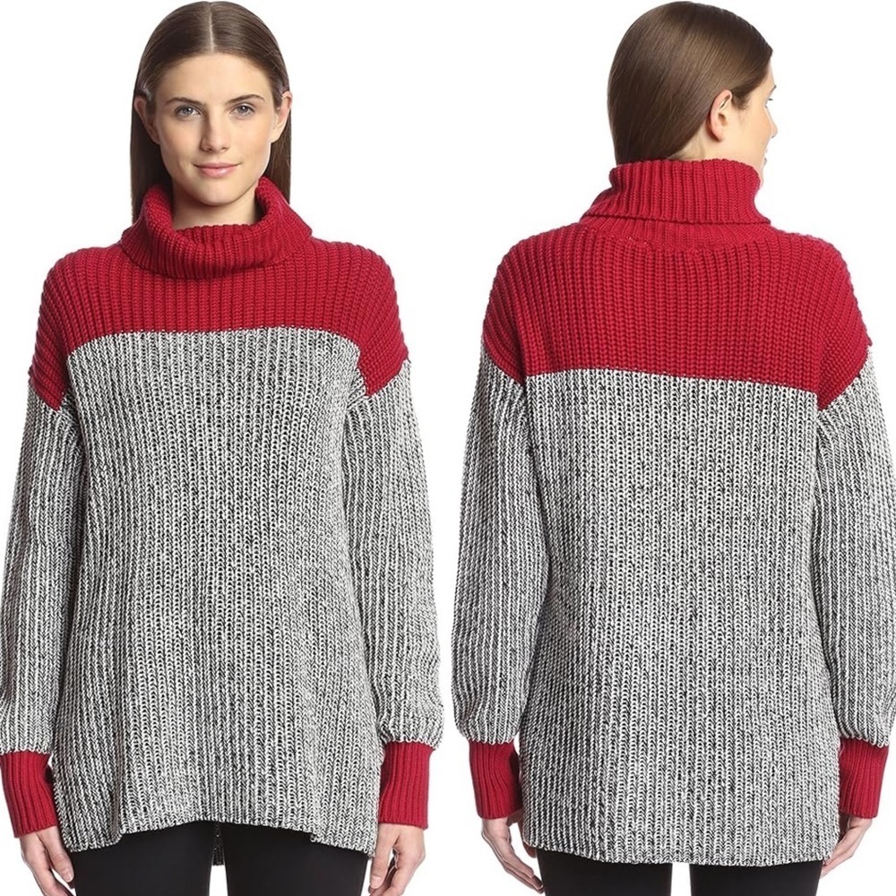 525 America Revolve Designer Black & Red Block Tweed Turtleneck Sweater Size S